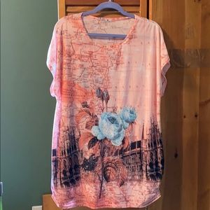 Rose, teal, and black stretchy top